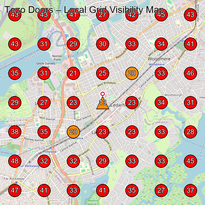 Tezo Doors GeoGrid visibility map for Custom Home Builder in Queens